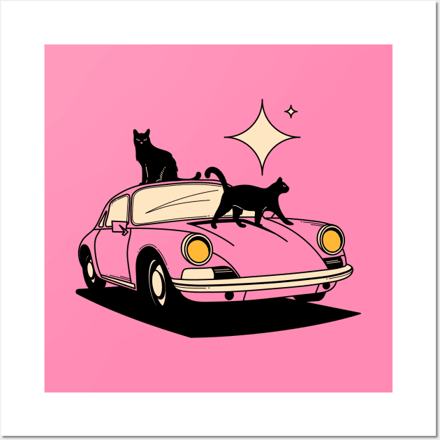 Cool Car Black Cat in pink Wall Art by The Charcoal Cat Co.